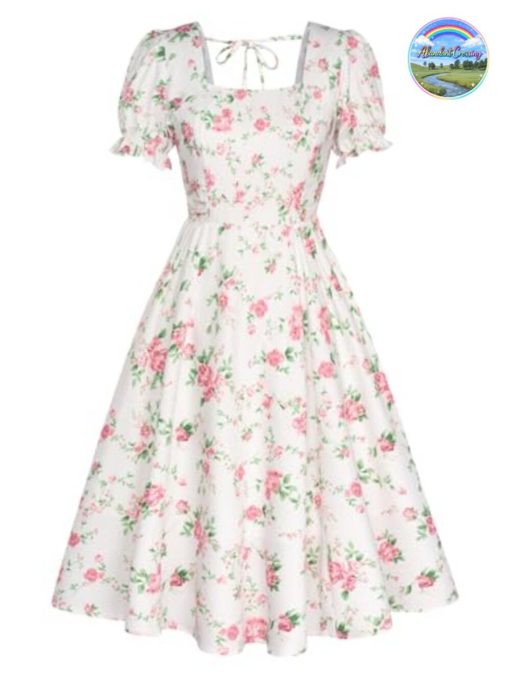 Vintage Cottagecore Midi A-Line Dress, Square Neck Puff Sleeve